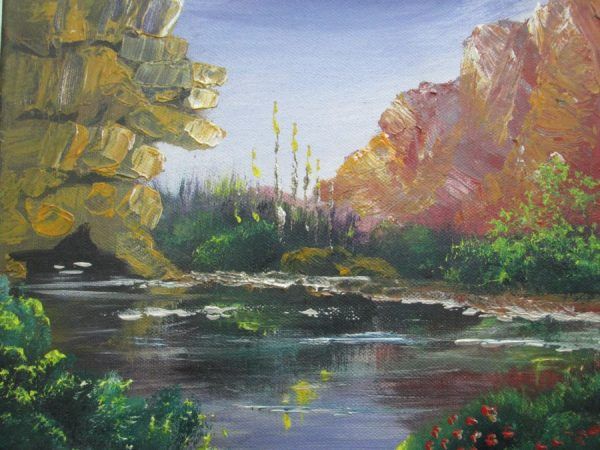 Oil Painting Jordan River of the Jordan river in the beginning of autumn seen by the growing of squill flowers.