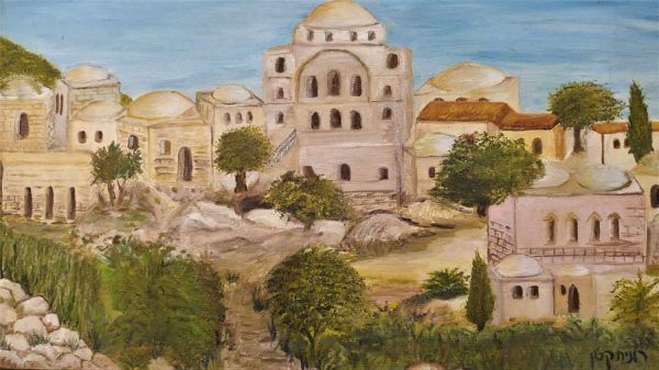 A view of Jerusalem Jewish Quarter Painting houses as it was before 1948 with the Hurvah Synagogue. Dimension 40 cm X 60 cm approximately.