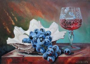 Black grapes in sea shell dish & a red wine crystal cup as seen in Pastel Painting Wine Cup. Dimension 24 cm X 35 cm approximately.