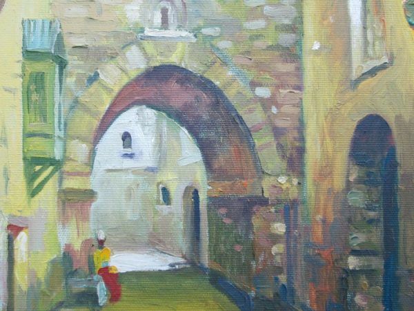 Fine Art Oil Painting Canvas Jerusalem Alley hand painting by M. Rozentov. .Dimension 35 cm X 30 cm approximately.