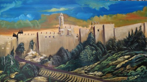 Fine Art David Tower Oil Painting on Canvas hand painting by H. Borosh.  David Tower Oil Painting viewed from the Hinnom valley in daytime.