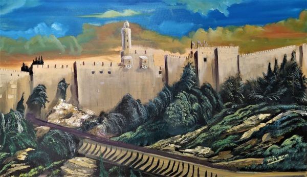 Fine Art David Tower Oil Painting on Canvas hand painting by H. Borosh.  David Tower Oil Painting viewed from the Hinnom valley in daytime.