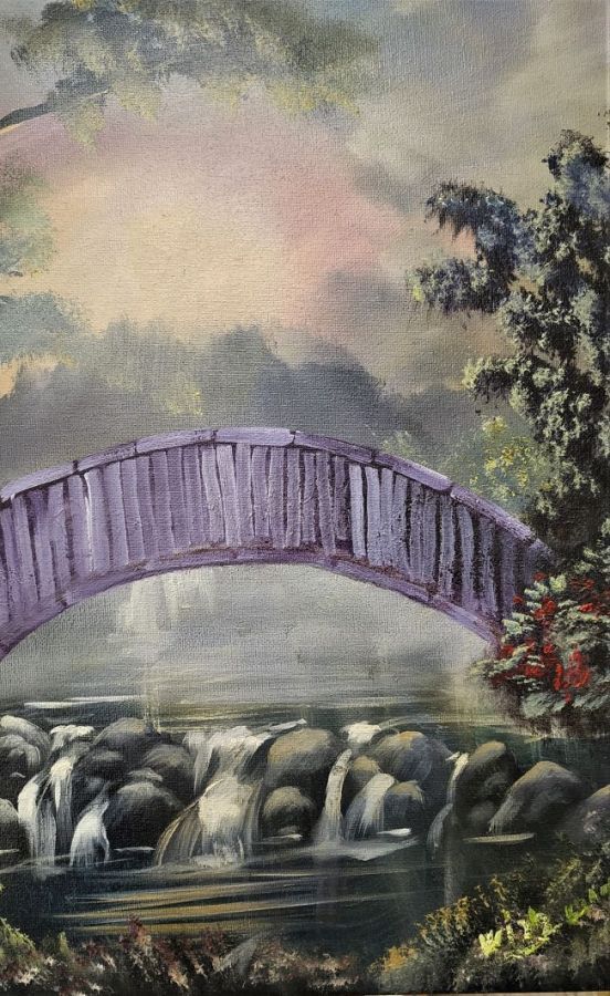 A view of the Narrow Bridge Oil Painting by Rabbi Nakhman from Uman. hand painting   by H. Borosh.  Dimension 40 cm X 60 cm approximately.