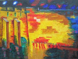 The Kotel (western wall ) at night with a crowd of praying people as seen in Kotel Night Oil Painting .Dimension 50 cm X 70 cm approximately.