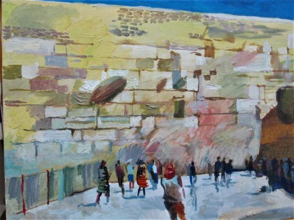 The Kotel (western wall ) with a crowd of praying people as seen and described by Sheinin in Oil Painting Kotel Sheinin 60 cm X 90 cm.