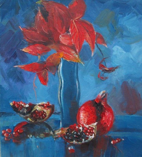 A blue vase with red flowers & a couple of pomegranates as seen in Oil Painting Two Pomegranates. Dimension 35 cm X 30 cm approximately.