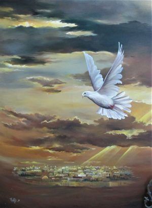The famous " Golden Gate Jerusalem Sunrise" & peace dove flying over it , in sunrise .Dimension 80 cm X 120 cm approximately.