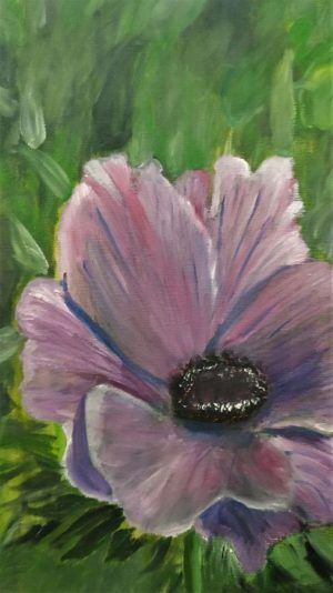 Fine Art Purple Windflower Oil Painting on canvas hand painted by R. Katan. Purple Windflower Oil Painting is drawn as seen in nature.