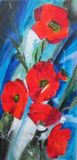 Fine Art  Acrylic Painting Red Windflower hand painting acrylic on canvas by M. Sheinin. Red windflowers flowers as seen in Acrylic Painting.