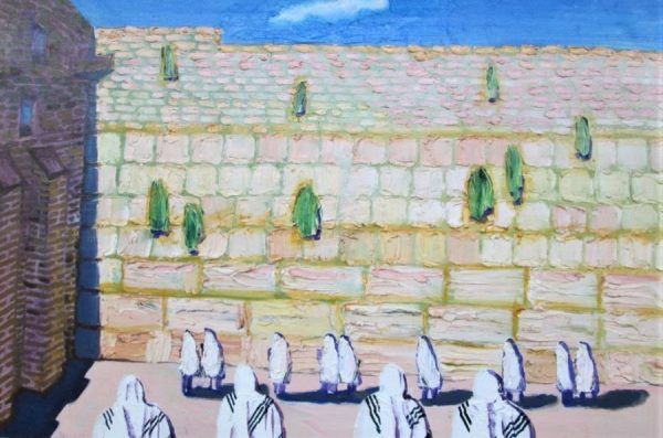The Kotel (western wall ) with a crowd of praying people as described by Sheinin in Oil Painting Western Wall. Dimension 60 cm X 90 cm.