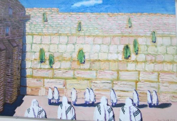 The Kotel (western wall ) with a crowd of praying people as described by Sheinin in Oil Painting Western Wall. Dimension 60 cm X 90 cm.