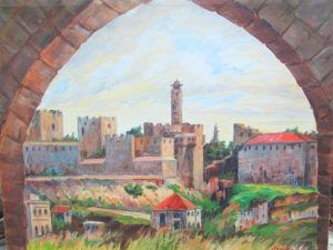 Fine Art Oil Painting David Citadel hand painting oil on canvas by Krymsky. King David tower and Jerusalem walls from the "Hinom " valley.