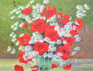 Fine Art Oil Painting Chrysanthemum Windflower hand painting  by Krymsky. .A bouquet of red windflower & Chrysanthemum flowers in crystal vase.