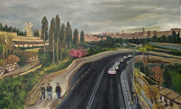 Fine Art Hinnom Valley Oil Painting on Canvas and Jerusalem  Wall by Levinger. Levinger draw this Hinnom Valley Oil Painting viewed from Begin Museum.