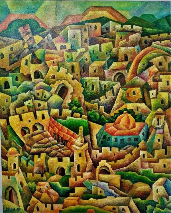 Fine art oil on canvas Jerusalem View Cubism Painting by Resh. A view of Jerusalem walls & the gates & western wall.