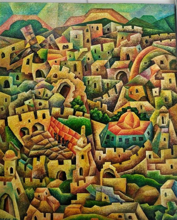Fine art oil on canvas Jerusalem View Cubism Painting by Resh. A view of Jerusalem walls & the gates & western wall.
