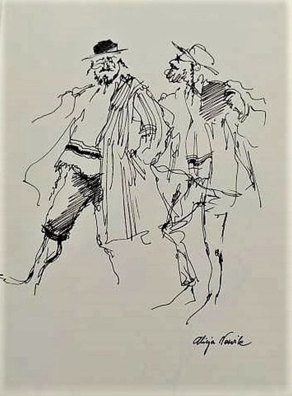 Original 2 Orthodox Jews Pen Drawings walking along with traditional clothing .  It has been signed by artist Alicia Nowick.
