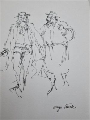 Two Orthodox Jews Discussing Drawing and discussing a Talmudic issue . It has been signed by artist.Dimension 12 cm X 17.7 cm approximately.