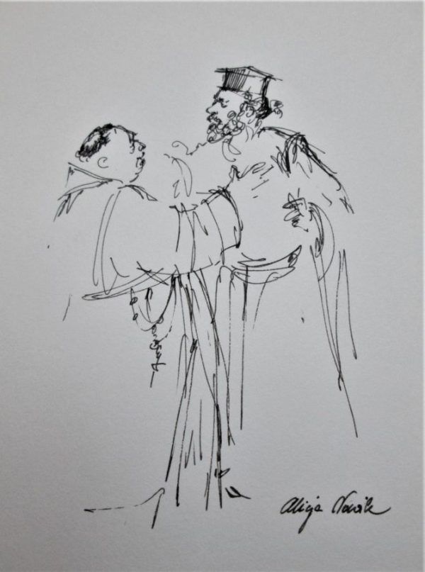 Monks Discussing Pen Drawing on paper hand painted by A.Nowik. A Greek orthodox priest and a catholic monk discussing signed by artist.