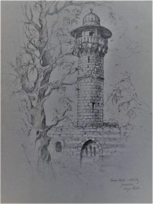 Hand painted pencil drawing on paper by A.Nowik. King David Tower Drawing it is the minaret on King David's tomb in old city Jerusalem.