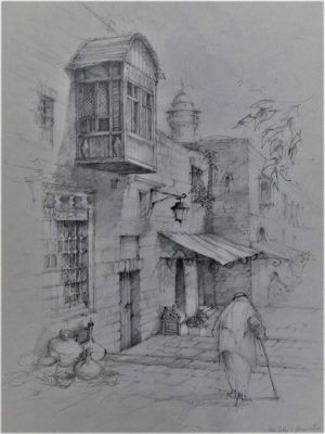 Jerusalem Muslim Quarter Alley Drawing hand painted pencil drawing on paper by A.Nowik. It is an alley in old city Jerusalem Muslim quarter.