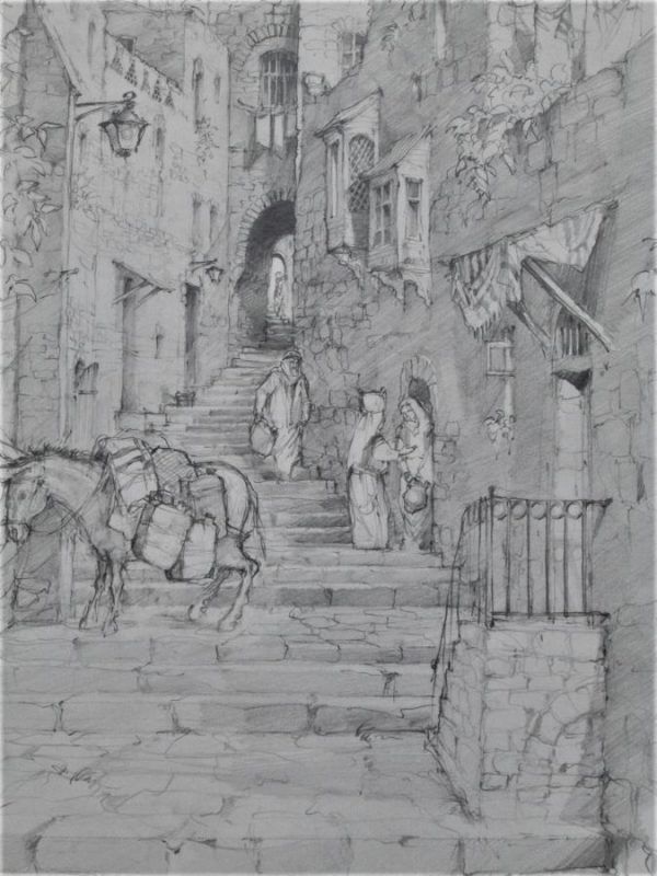 Old Jerusalem Pencil Drawing hand painted on paper by A.Nowik. Old Jerusalem Pencil Drawing in Muslim quarter is one of 14 station of Jesus.