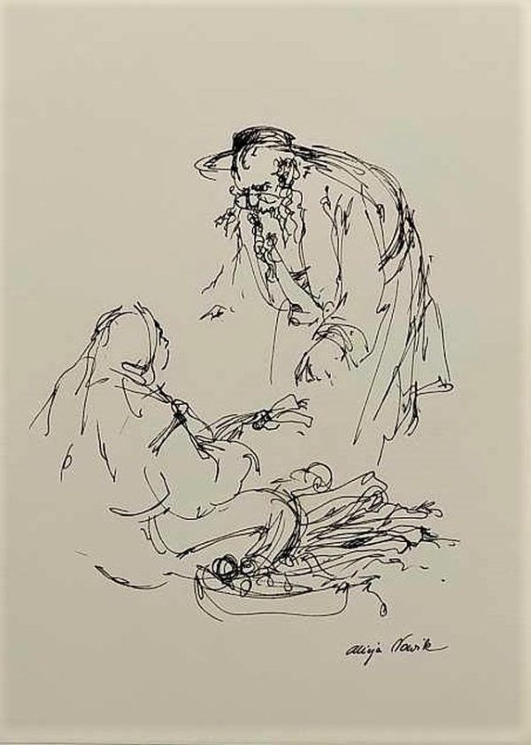 Jew Arab Pencil Drawing hand painted on paper by A.Nowik.  An orthodox Jew buying vegetables from an Arab woman in the city of Jerusalem.