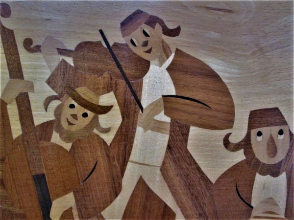 Handmade Wood Painting Klezmers Band wood paint by thin layers of different kinds and colors of woods 36 cm X 48.5 cm approximately.
