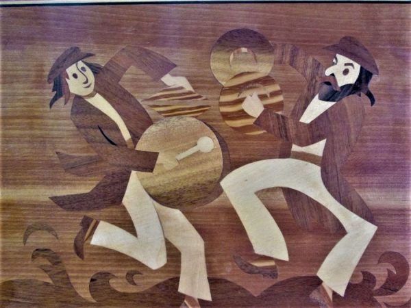 Wood Painting Klezmers Dancing wood paint by thin layers of different kinds and colors of woods 35 cm X 47.5 cm approximately.