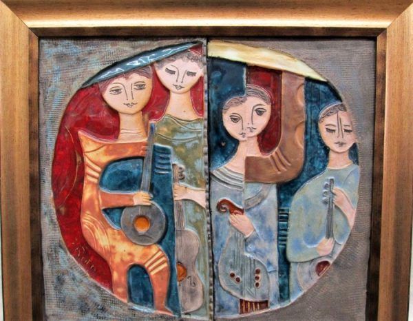 King David's Musical Band Tile & friends playing their musical instruments. Hand made glazed ceramic 2 tiles pieces framed.