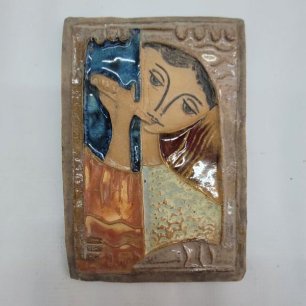 Handmade Ruth Factor glazed ceramic tile Jonathan playing flute to relax his father ( King Saul) fury. Dimension 12.5 x 18.1 approximately.