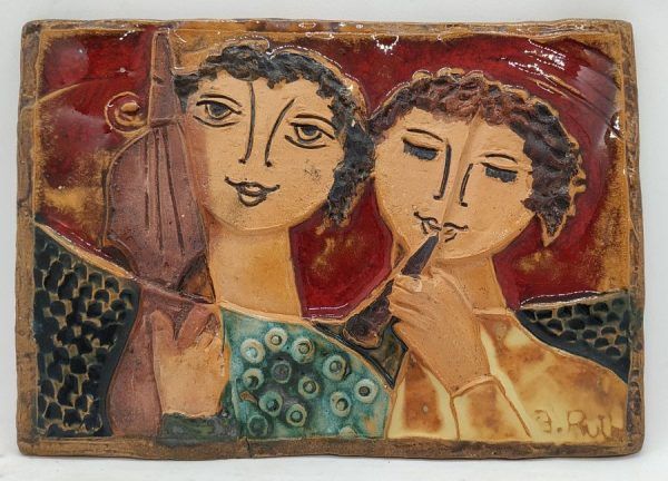 King David & Jonathan playing music with violin & flute as described in Ruth musical duet tile. Dimension 20.4cm X 14.5 cm approximately.