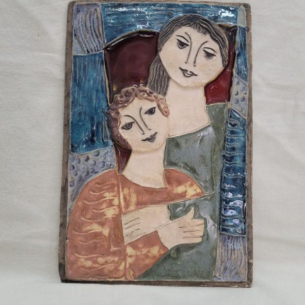 Handmade glazed ceramic tile Bathsheba Hugs David tile with true and warm love made by Ruth. Dimension 18.5 cm X 28 cm approximately.