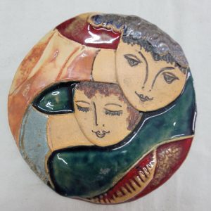 Handmade glazed ceramic round tile King David Bathsheba embracing with warm love in their hearts. Dimension diameter 15 cm approximately.