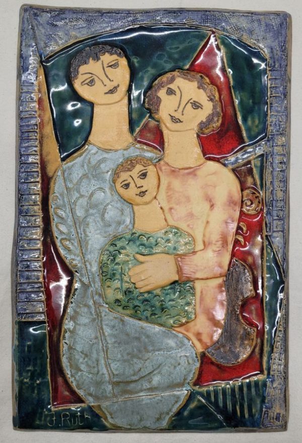 Handmade glazed ceramic tile King David , Bathsheba and young future King Solomon in Father Mother Son Tile. Dimension  25 cm X 39 cm approximately.