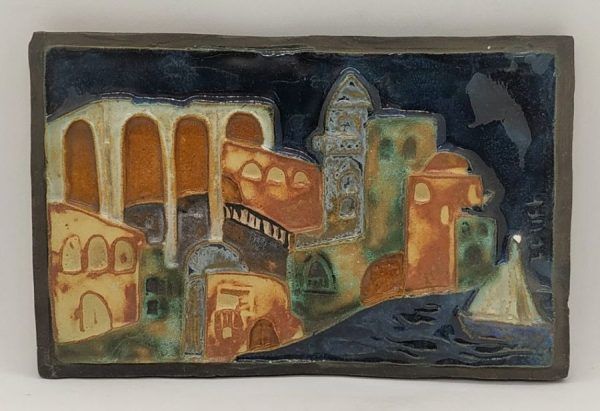 Handmade glazed ceramic Ruth ceramic tile Tiberias & sea of Galilee Ruth Factor skillfully made that one can feel the waves in sea.
