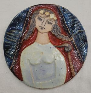 Handmade glazed ceramic Bathsheba's wedding dress tile Bathsheba wearing a white modest dress and a flower crown diameter 14.2 cm approximately.