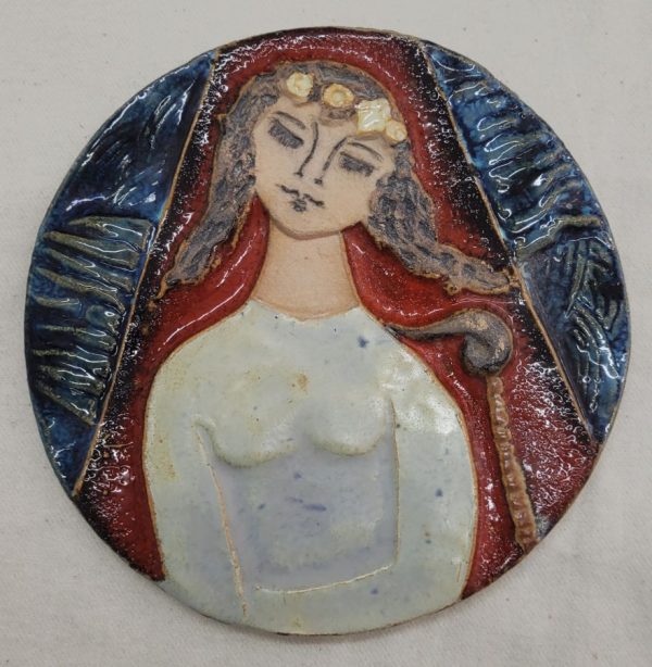 Handmade glazed ceramic Bathsheba's wedding dress tile Bathsheba wearing a white modest dress and a flower crown diameter 14.2 cm approximately.