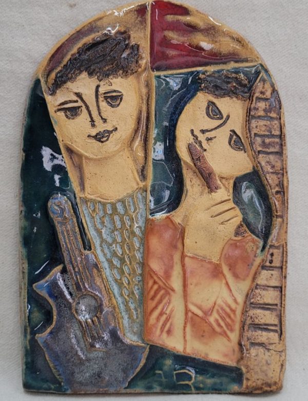 Handmade glazed ceramic tile Jonathan playing flute tile while David listens. Ruth’s signature is on separate photo 11 cm X 16.5 cm approximately.