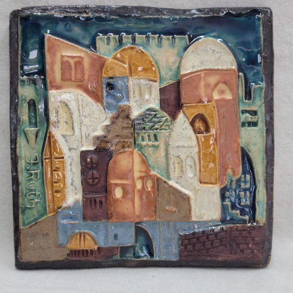 Handmade glazed ceramic Jerusalem houses square tile with its different houses. Dimension 15.2 cm X 15.2 cm approximately.