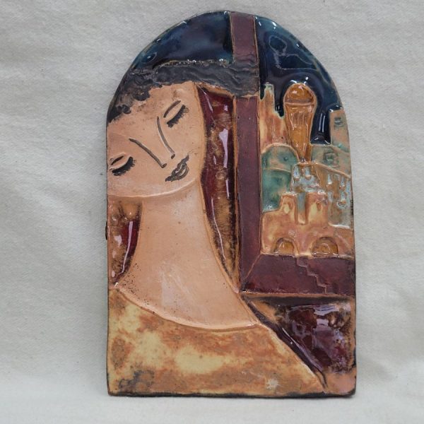 Handmade glazed ceramic tile Bathsheba watching Jerusalem through her window with loving eyes made by R. Faktor 16.5 cm X 11 cm approximately.
