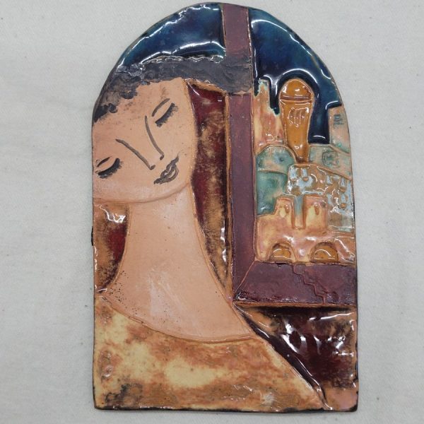 Handmade glazed ceramic tile Bathsheba watching Jerusalem through her window with loving eyes made by R. Faktor 16.5 cm X 11 cm approximately.