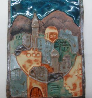Handmade glazed ceramic Ruth Jerusalem rectangular tile with its houses made by Ruth Factor. Dimension 14.5 cm X 20 cm approximately.