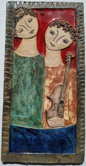 Handmade glazed ceramic King David and Johnathan tile expressing their deep warm friendship. Dimension 45.5 cm X 22 cm approximately.