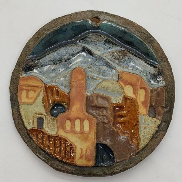 Handmade glazed ceramic tile city of Jerusalem & the Judea hills on background in Small Jerusalem View Tile diameter 9.7 cm approximately.