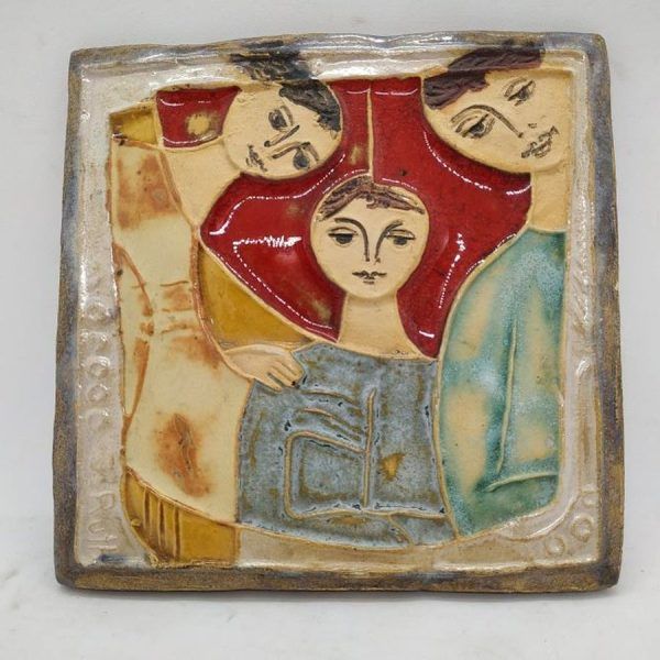 Handmade glazed ceramic tile King David , Bathsheba and young future King Solomon in Father Mother Son Tile. Dimension  15 cm X 15 cm.