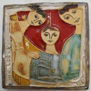 Handmade glazed ceramic tile King David , Bathsheba and young future King Solomon in Father Mother Son Tile. Dimension  15 cm X 15 cm.