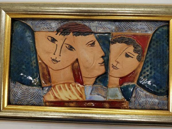 Handmade glazed ceramic and framed Ruth Tile David's Friends surrounded beloved wife Bathsheba and Jonathan.