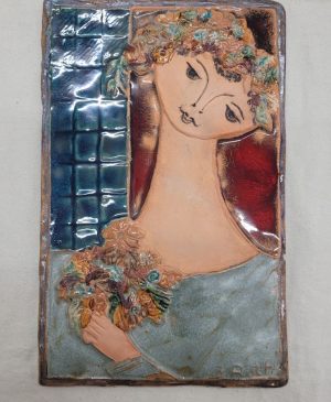 Handmade glazed ceramic Bathsheba wedding bouquet tile by Ruth Factor.  Bathsheba got her wedding flower bouquet from King David.