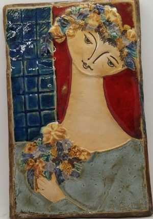 Handmade glazed ceramic Bathsheba wedding bouquet tile by Ruth Factor.  Bathsheba got her wedding flower bouquet from King David.